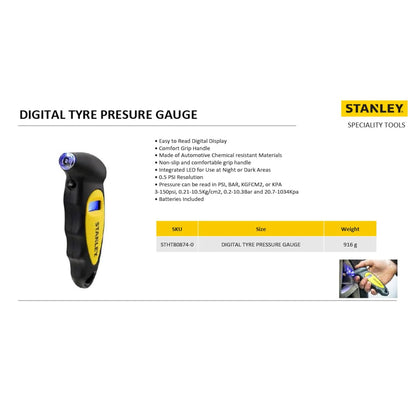 STANLEY STHT80874-0 Digital Tire Pressure Gauge with Integrated LED Display for Accurate Pressure Readings for Cars and Bikes, 0 to 6.2 Bar Working Pressure Range, 1 Year Warranty, YELLOW & BLACK
