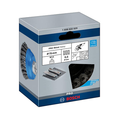 Bosch Professional Bosch 75Mm Knotted Wire Cup Brush, Diameter mm: 75 Wire thickness mm: 0,50 Max. speed rpm: 12.500 Thread M: 14 For angle grinders, min. diameter (mm): 125 Fits (product links): GGS 6 S (0601214041) Packaging Content-1 (1608622029)