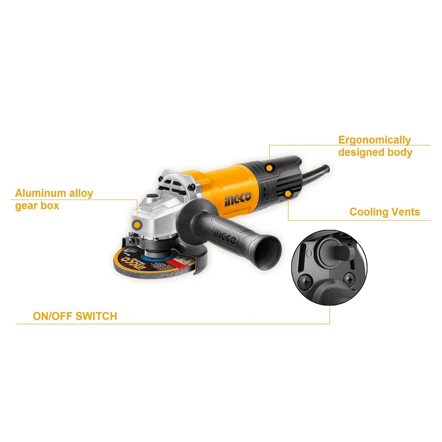 INGCO Angle Grinder, 100mm | 750W | 12000 RPM Power Grinder, Electric Metal Grinder with 1 pcs Auxiliary Handle