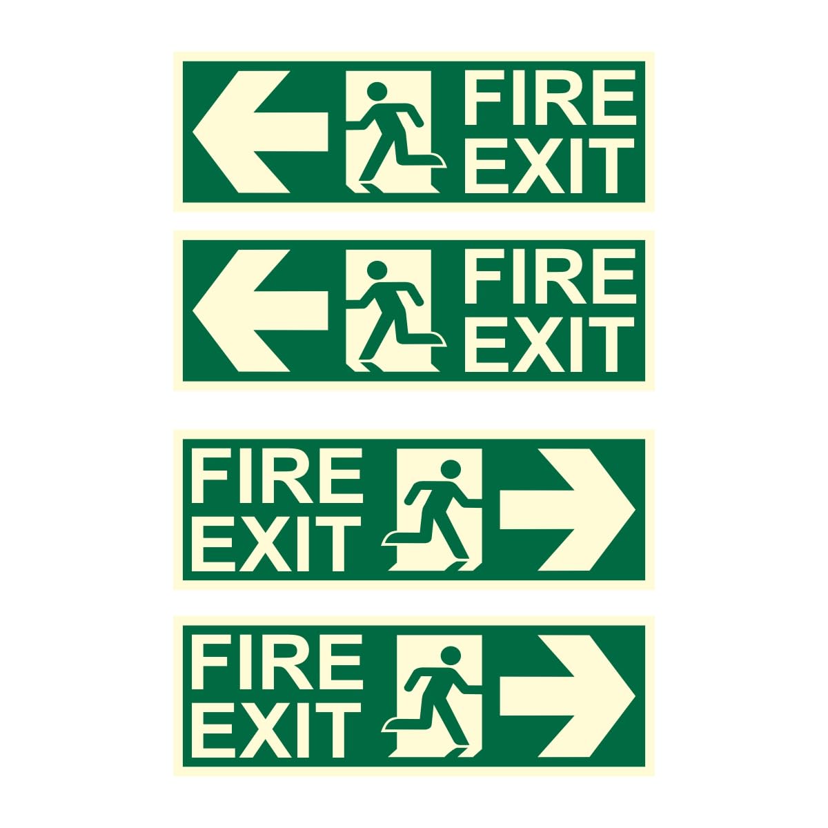 Akshar Arts Bhuwana Fire Exit Left and Right Arrow Night Glow Signboard On PVC Sunboard 3 mm Size-300mm X 100mm (Pack of 04)