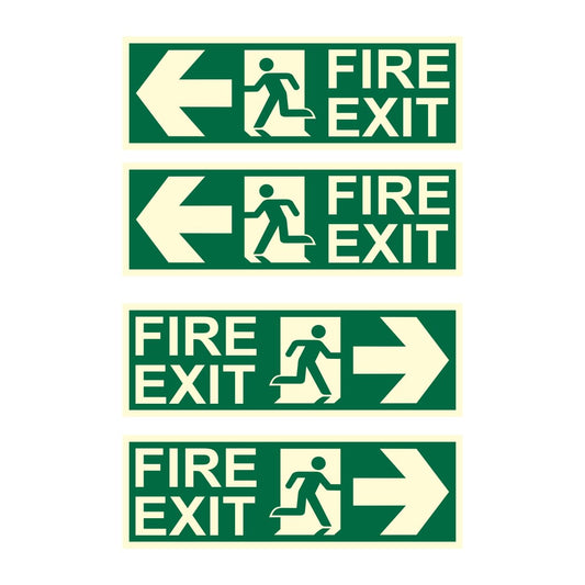 Akshar Arts Bhuwana Fire Exit Left and Right Arrow Night Glow Signboard On PVC Sunboard 3 mm Size-300mm X 100mm (Pack of 04)