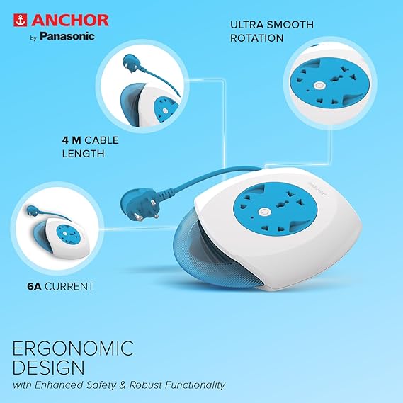 ANCHOR By Panasonic 6A Flexi Cord 3 Pin 4 Mtr Universal Socket With Indicator (Blue & White), Round, 240 Volts