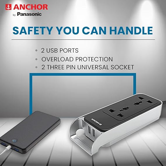 Anchor by Panasonic 6A 2 Universal Socket with 2 USB Port | 6A Extension Board with 2.4A 2 USB Port | Multi Plug Socket for Home Wall, Office (22052)