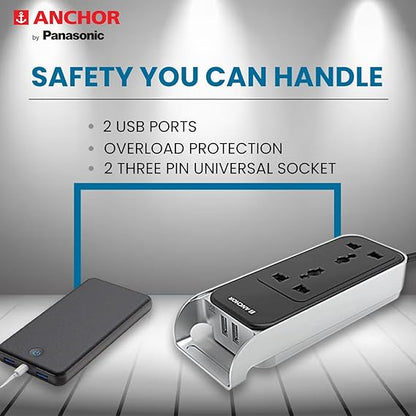 Anchor by Panasonic 6A 2 Universal Socket with 2 USB Port | 6A Extension Board with 2.4A 2 USB Port | Multi Plug Socket for Home Wall, Office (22052)