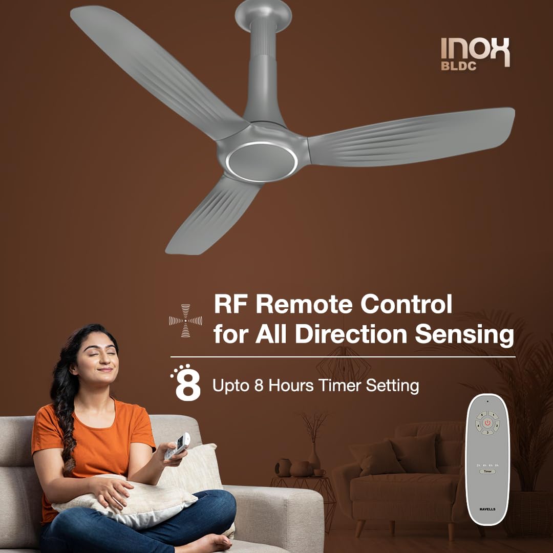 Havells 1200mm Inox BLDC Motor Ceiling Fan | Remote Controlled, High Air Delivery Fan | 5 Star Rated, Upto 60% Energy Saving, 2 Year Warranty | (Pack of 1, Slate), Silver