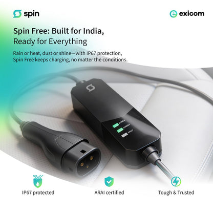 Exicom 3.3 kW Spin Free | Portable ev car Charger for Electric Vehicle AC Charging | ARAI and BIS Certified