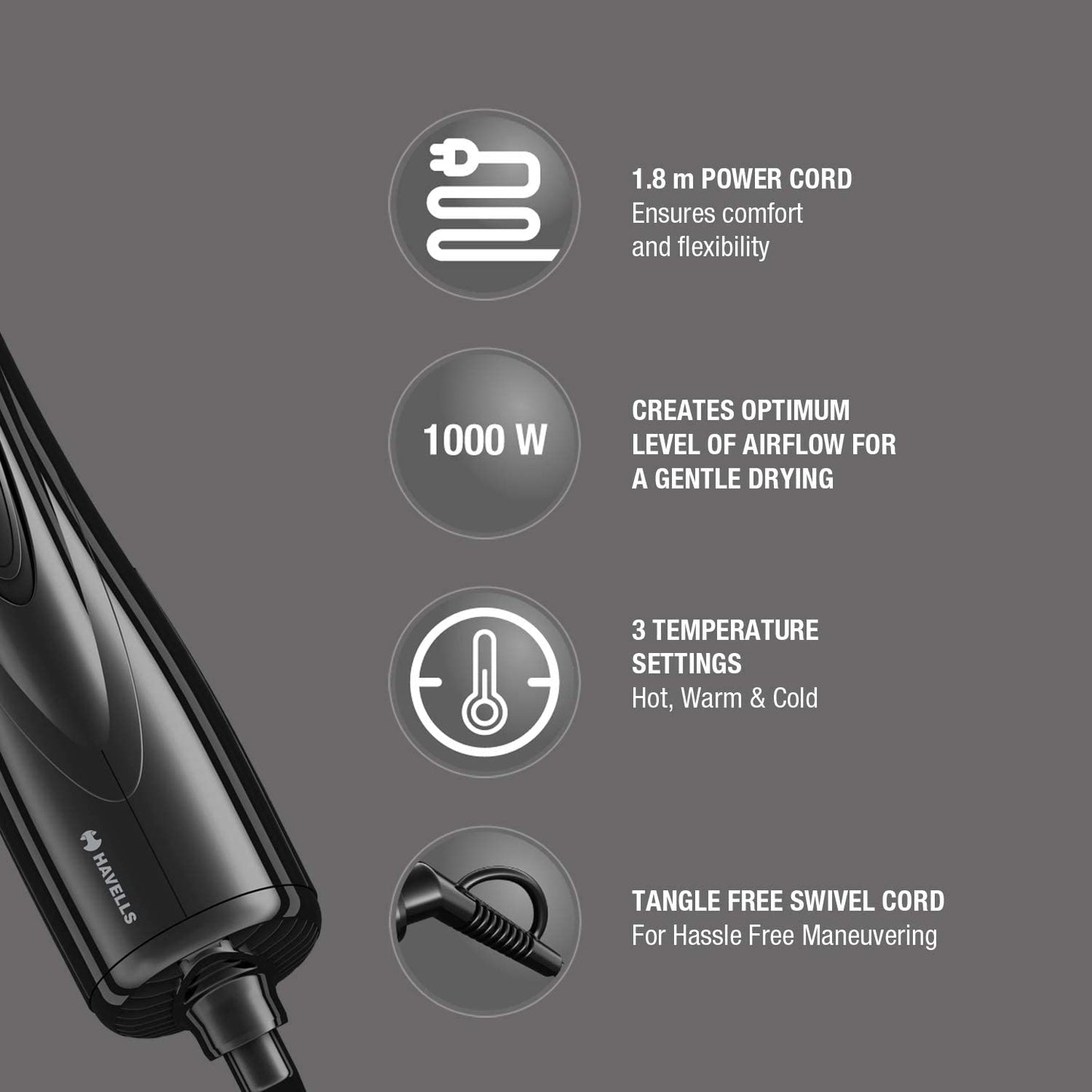 Havells 1000 Watts Air Care Volumizer Hair Dryer | Pre-Styling Half Brush, Stylish Curlers, Smoothening Roller Brush | Suitable For All Hair Types | Black | Hc4085