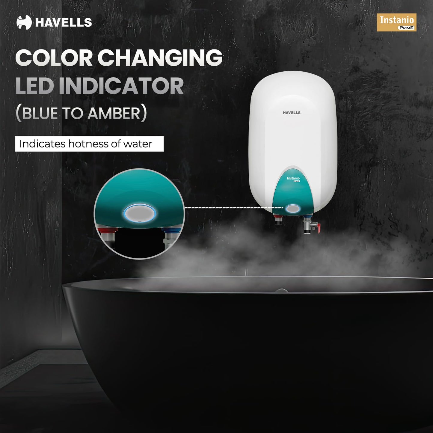 Havells Instanio Prime 25 Litre Storage Water Heater (Geyser) |Temp. Sensing Color Changing LED Indicator | Glass Coated Anti Rust Tank | Warranty: 5 Year on Tank | High Rise Compatible (White Blue)