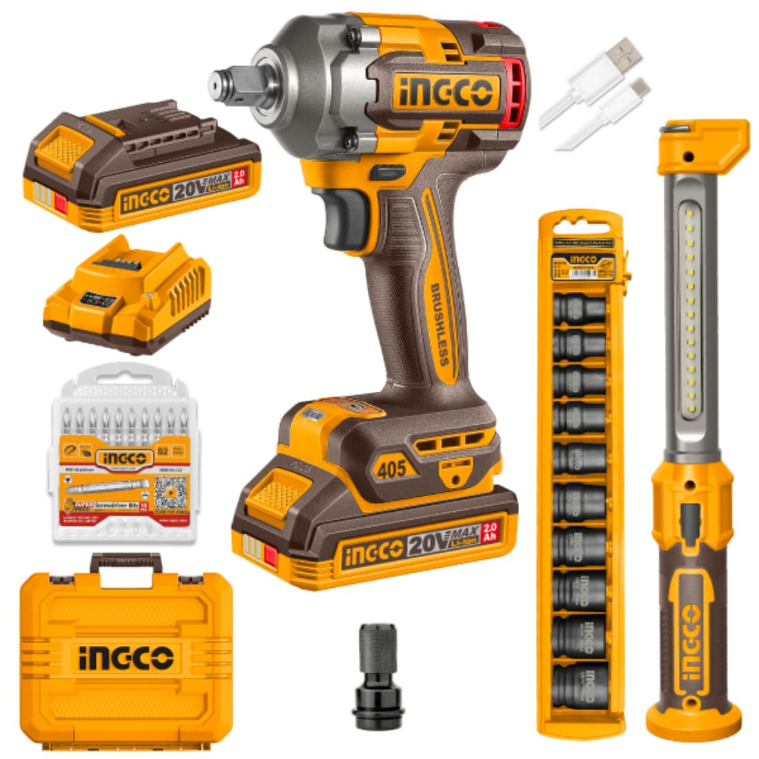 Ingco Cordless Impact Wrench with Work Lamp, 405Nm, 2 x 2.0 Ah Batteries, 10-Piece Socket Set, LED Work Light, 10-Piece Screwdriver bit