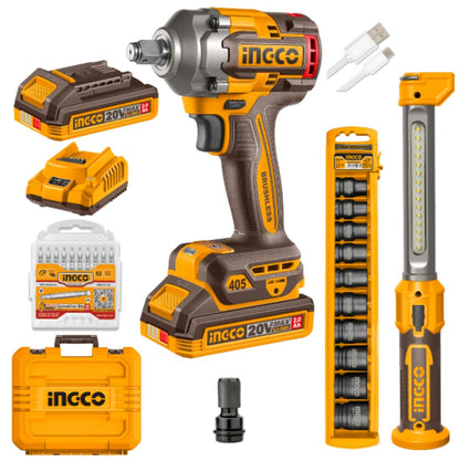 Ingco Cordless Impact Wrench with Work Lamp, 405Nm, 2 x 2.0 Ah Batteries, 10-Piece Socket Set, LED Work Light, 10-Piece Screwdriver bit