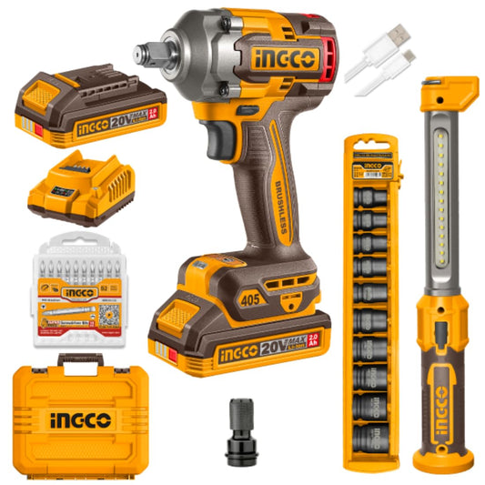 Ingco Cordless Impact Wrench with Work Lamp, 405Nm, 2 x 2.0 Ah Batteries, 10-Piece Socket Set, LED Work Light, 10-Piece Screwdriver bit