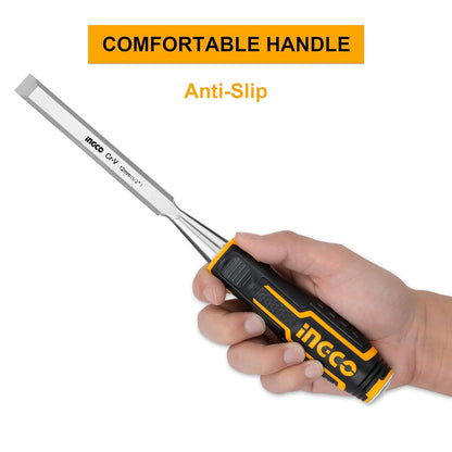 INGCO Wood Chisel, Cr-V | 120mm Width, 15°Bevel Edged, Bi-Material Soft and Shock-Absorbing Grip and Steel Striking Cap Wood Chisel with Hammer End for Woodworking, Carving