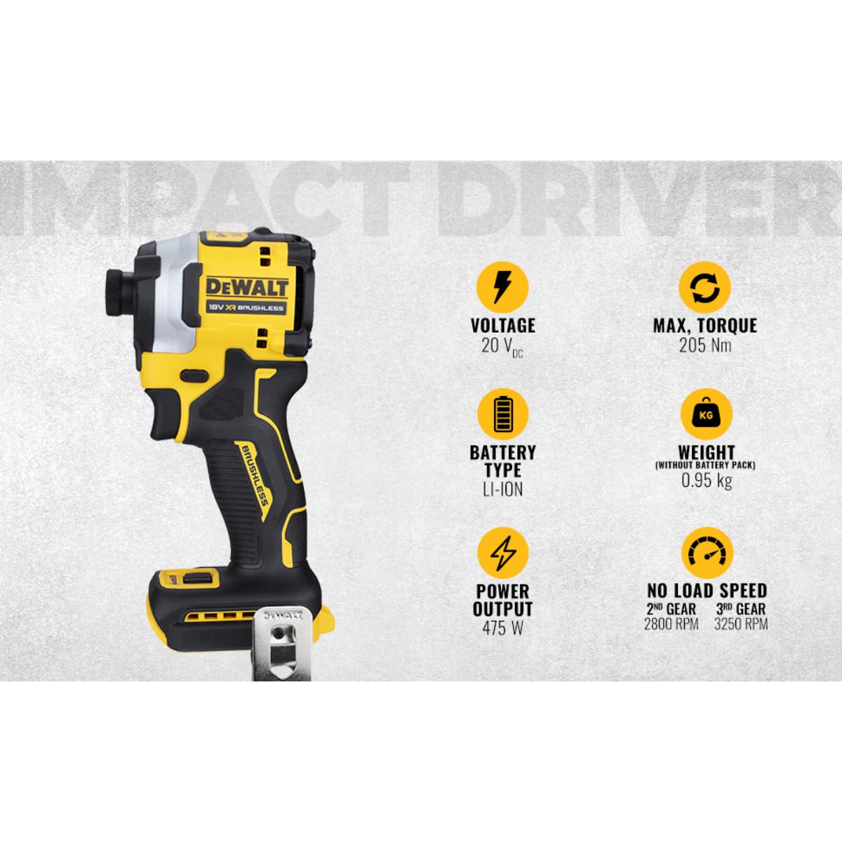 Dewalt DCF850N-XJ 1/4'' 20V Max Li-ion XR Reversible Cordless Brushless 3-Speed Compact Impact Driver,205Nm Torque-SHORTEST IMPACT DRIVER IN THE WORLD (Bare Tool)