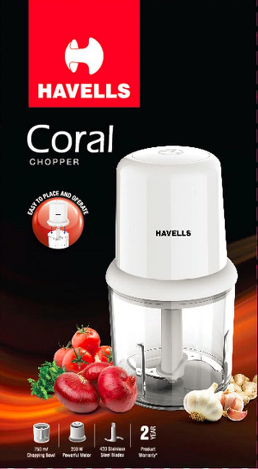 Havells Coral 200W Electric Vegetable Chopper for Kitchen | 750ml Bowl | One-Touch Operation | Portable Food Chopper | Chop, Mince, Dice | Compact Design | 2-Year Warranty (White)