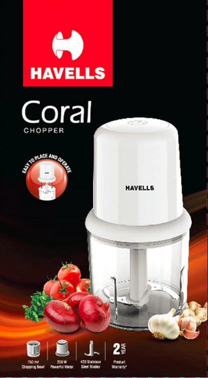 Havells Coral 200W Electric Vegetable Chopper for Kitchen | 750ml Bowl | One-Touch Operation | Portable Food Chopper | Chop, Mince, Dice | Compact Design | 2-Year Warranty (White)