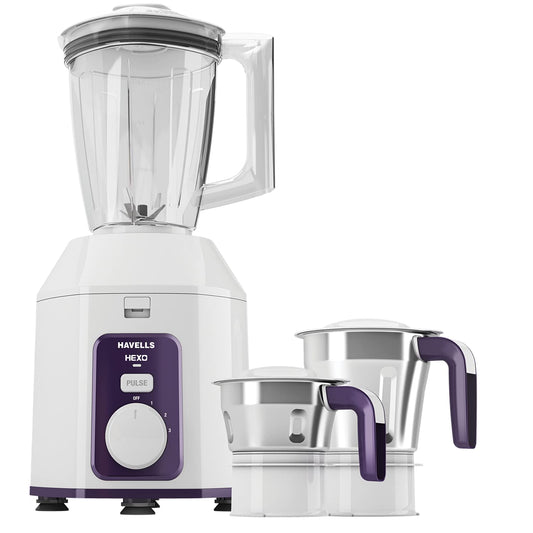 Havells Acrylonitrile Butadiene Styrene Hexo Blend Mix 1000 Watts With 3 Jar Blender (White & Purple),Ghfmgcbv100