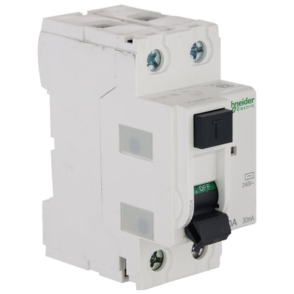 Schneider Electric Acti9 40A 2-Pole RCCB 30mA | Polycarbonate Body, White | Residual Current Circuit Breaker for Electric Shock & Fire Protection | DIN Rail Mount | IEC Certified (A9KR11240)