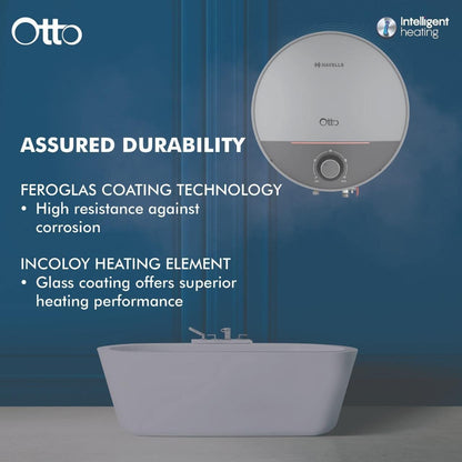 Havells Otto 25 Litre Storage Water Heater(Geyser)| Temp. Sensing LED Indicator| Anti Rust Tank | With Shock Safe Plug| 5 Star|Warranty: 7 Year on Tank| Free Installation & Flexi Pipes (Silver Grey)