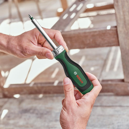 BOSCH Ratchet Screwdriver | Smooth Ratchet Mechanism for Continuous Rotation | 12 Interchangeable Bits in Magazine | Ergonomic Non-Slip Handle for Comfort | Quick Bit Storage for Easy Access