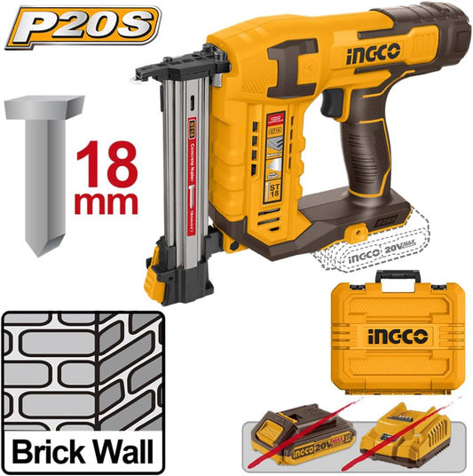 Ingco Cstli3805 Cordless Nailer for Concrete Cement Wood Metal St 18 mm in Case Only Body