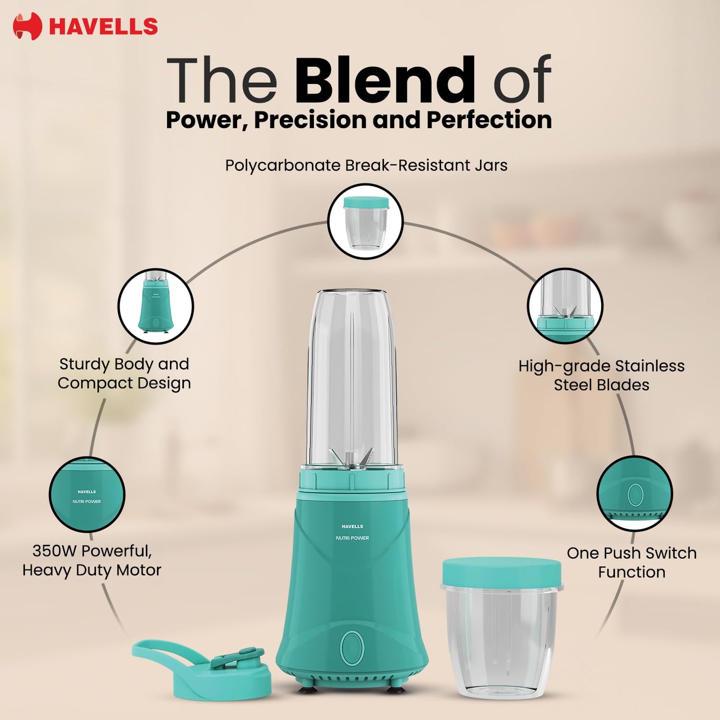 Havells Nutri Power Blender 350 W Mixer Grinder| 1 Speed Switch| Air Vent Technology| Stainless Steel Blade| 2Yrs Manufacturer Warranty (Mint Green)