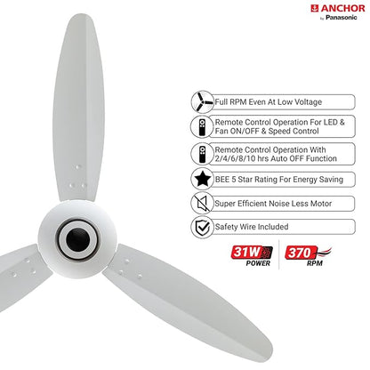 ANCHOR by panasonic Ecobreeze 1200mm BLDC Ceiling Fan (3 Blade, Matt White) with Remote, Medium (14143MWH)
