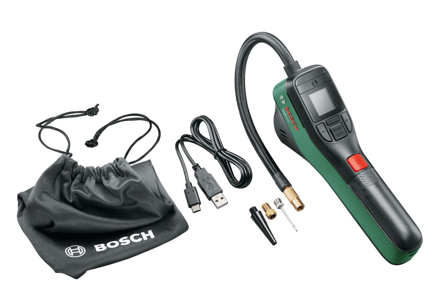 Bosch Easy Pump Cordless Bike Tyre Inflator, Portable Electric Air Pump, 3.0 Ah Battery, 3.6 Volt, Autostop Function, Digital Display & LED Light, USB-C Rechargeable, 0.43 kg
