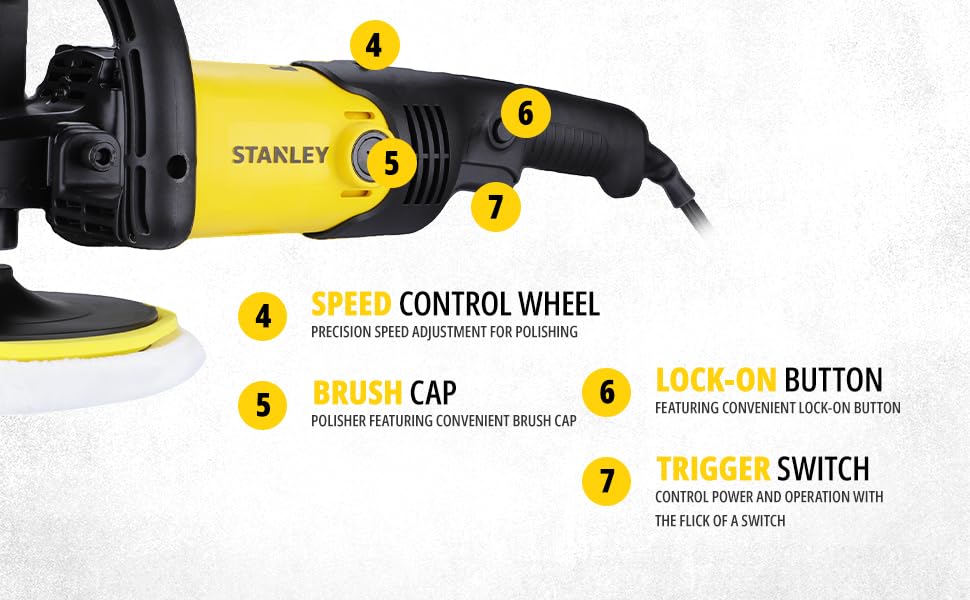 STANLEY SP137 1300W 180mm Polisher with High Rotation Speed, Ideal for Delicate Polishing, Buffing, Waxing & Glazing Applications, 1 Year Warranty, YELLOW & BLACK