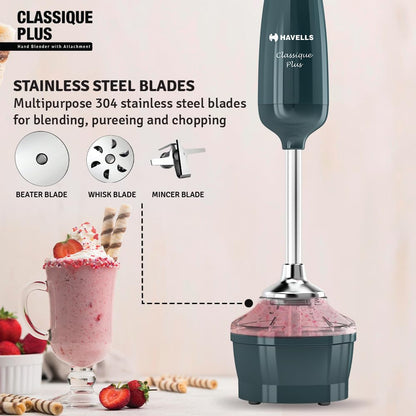 Havells Classique Plus Hand Blender | 300W Powerful Motor | Includes Chopper Attachment | One -push Operation | ABS Body | 2 Year Warranty (Cyan)