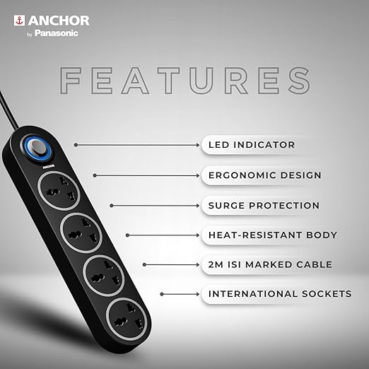 Anchor by Panasonic 4 Universal Socket Extension Board, 6A Spike Guard with 2-Meter Heavy Duty Cord for Home and Office Usage, 4 Way Power Strip with LED Indicator, Matt Finish
