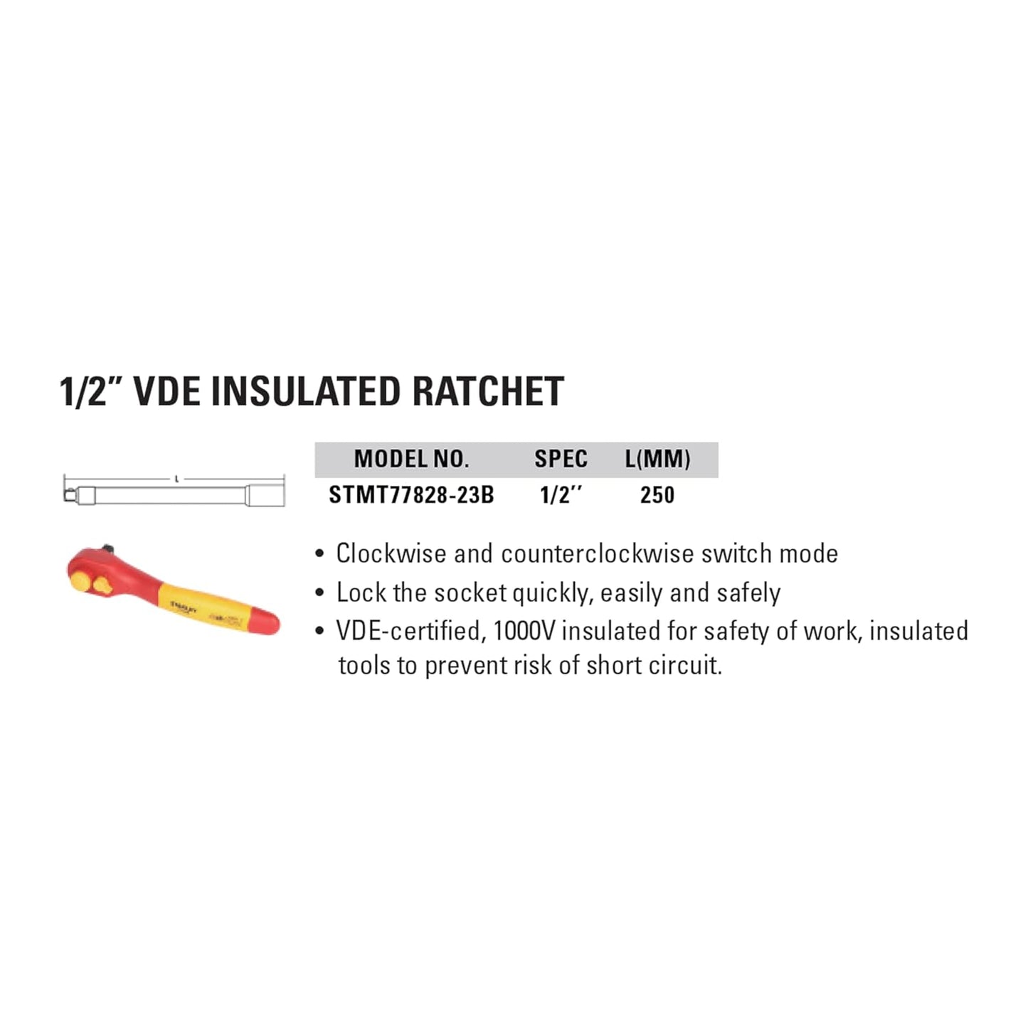 Stanley STMT77828-23B 1/2" VDE Insulated Ratchet 250mm, Ideal For Repair Of Electric Vehicles, Red and Yellow