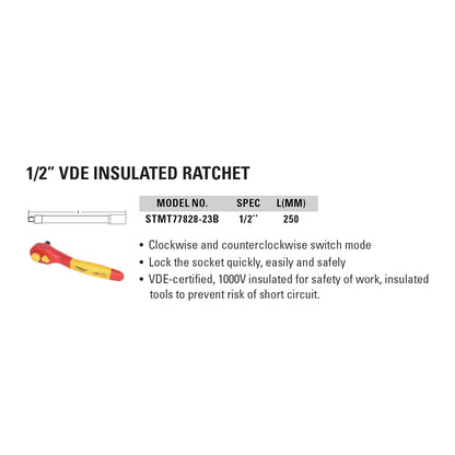 Stanley STMT77828-23B 1/2" VDE Insulated Ratchet 250mm, Ideal For Repair Of Electric Vehicles, Red and Yellow