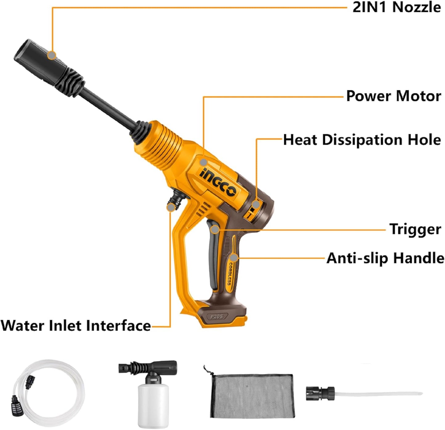 INGCO 20V Cordless Pressure Washer (Body Only) Lithium-Ion Power Washer 24.8Bar Pressure 2.8L/min Flow Rate CPWLI2036