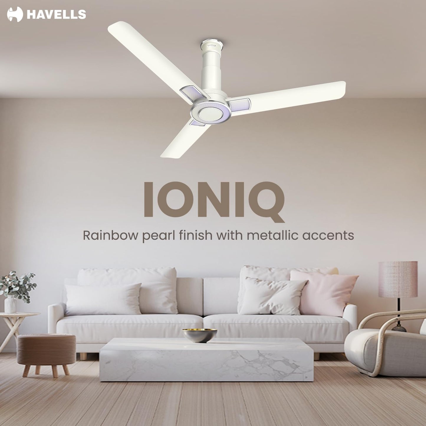 Havells Ioniq ES 1200mm Ceiling Fan, Energy Efficient for Superior Air Delivery, Low Power Consumption & Elegant Design | 2 Years Manufacturer Warranty | Rainbow White