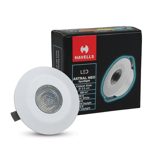 Havells Astral Neo 2W LED Spotlight| Compact Round Design for Small Spaces. Provides A Focused 45° Beam Angle with 3000K Warm White| Flush Mount Ceiling Downlight| 25,000 Hr Lifespan