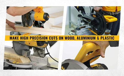 DEWALT DW714-IN 10"(254 mm) Corded Compound Mitre Saw With 80T TCT Alu. Blade, 1650W Univ. Motor, 4600 RPM, Max. Cross-cut Capacity 90 Deg.: 130 mm, Ideal For Cutting Wood & Tiles, Horizontal D-Handle
