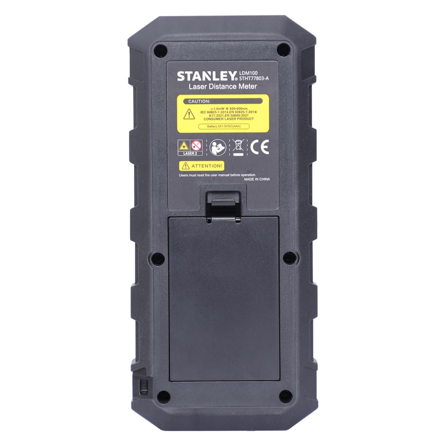 STANLEY STHT77803-A Professional Black Laser Distance Meter - 100 M, ±2.0mm Accuracy, Comes with 3 * 1.5V AAA Batteries, IP40 Dust & Water-Splash Rating, Ideal for Area & Volume Measurement