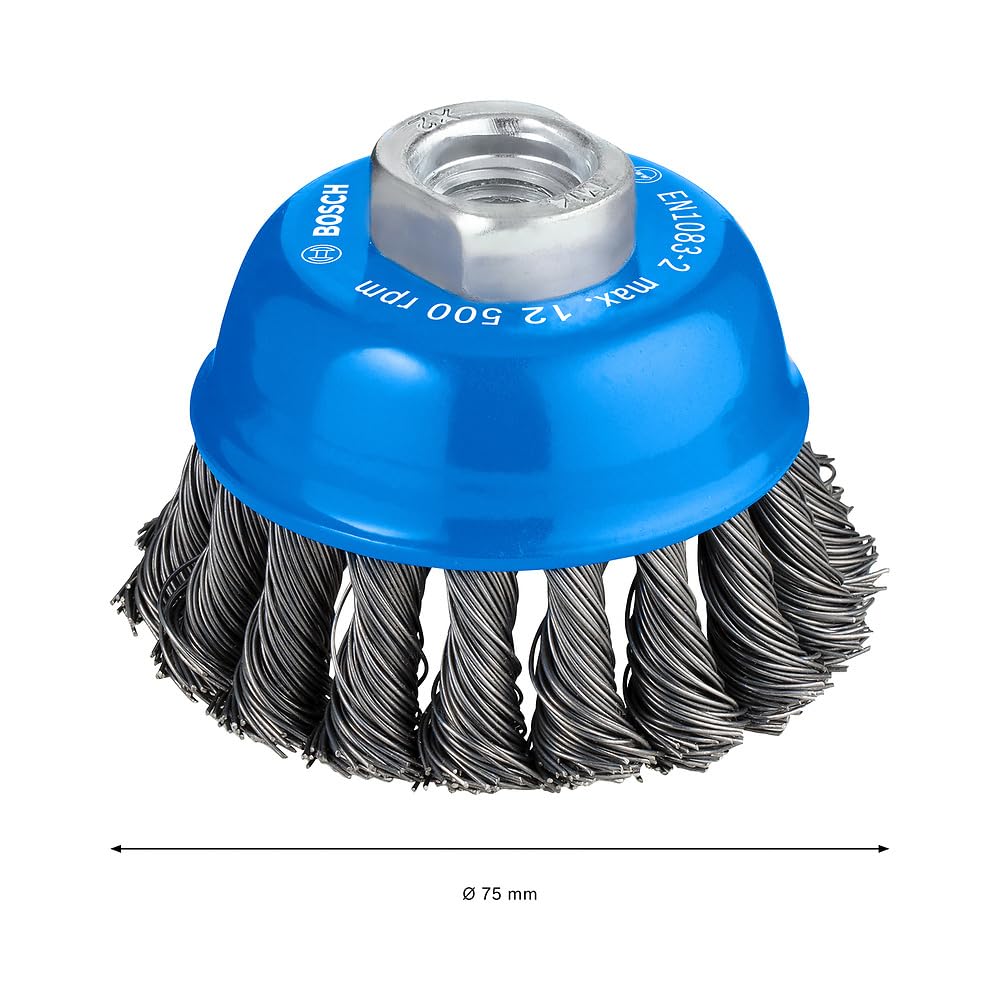 Bosch Professional Bosch 75Mm Knotted Wire Cup Brush, Diameter mm: 75 Wire thickness mm: 0,50 Max. speed rpm: 12.500 Thread M: 14 For angle grinders, min. diameter (mm): 125 Fits (product links): GGS 6 S (0601214041) Packaging Content-1 (1608622029)