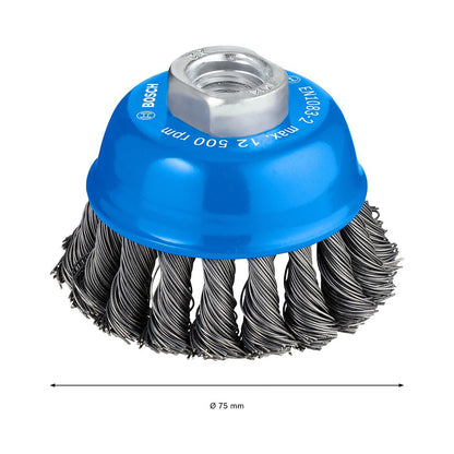 Bosch Professional Bosch 75Mm Knotted Wire Cup Brush, Diameter mm: 75 Wire thickness mm: 0,50 Max. speed rpm: 12.500 Thread M: 14 For angle grinders, min. diameter (mm): 125 Fits (product links): GGS 6 S (0601214041) Packaging Content-1 (1608622029)