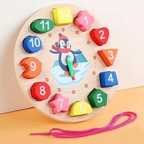 Udaipur HandiCrafts Wooden Shape Color Sorting Clock Teaching Time Number Blocks Clock Shape Patterns Sorting Puzzle Montessori Early Learning Educational Toy Gift for Toddler Baby Kids 3+