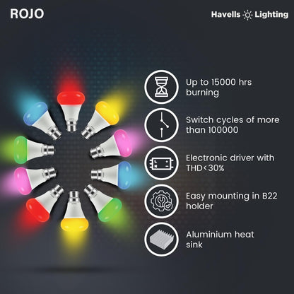 Havells Rojo 3W LED B22 Blue Bulb|Cool Day Light|Energy Efficient|Elegant Design|Upto 15000 Hours of Lighting|Upto 4KV Surge Protection |Made in India|Pack of 1