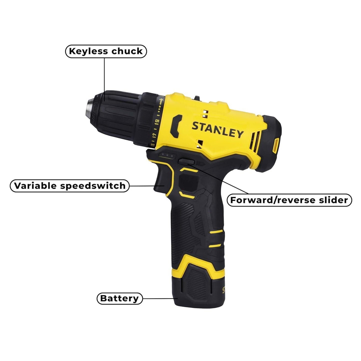 STANLEY SCD10D1-IN Brushed Cordless Drill Driver-Professional Grade, 12V, 1500 RPM, 30 Nm, 10 mm Chuck, 1.3 kg, 1x2Ah Battery & 1.5A SC101 Charger, Battery Charge Status LED Indicator, 1 Year Warranty