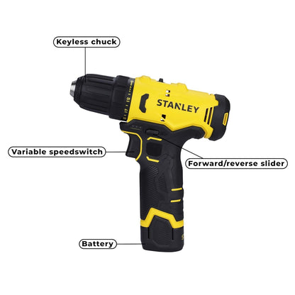STANLEY SCD10D1-IN Brushed Cordless Drill Driver-Professional Grade, 12V, 1500 RPM, 30 Nm, 10 mm Chuck, 1.3 kg, 1x2Ah Battery & 1.5A SC101 Charger, Battery Charge Status LED Indicator, 1 Year Warranty