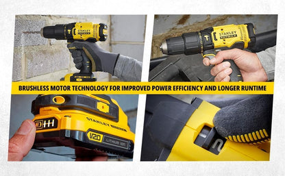 STANLEY FATMAX SCD711D2KA-B1 20V 2.0Ah 13mm Reversible Cordless Brushed Hammer Drill With 100pcs Accessories Kit 2x2.0Ah Li-ion Batteries 1pc Charger 2-Speed Gearbox, 2 Year Warranty, YELLOW & BLACK