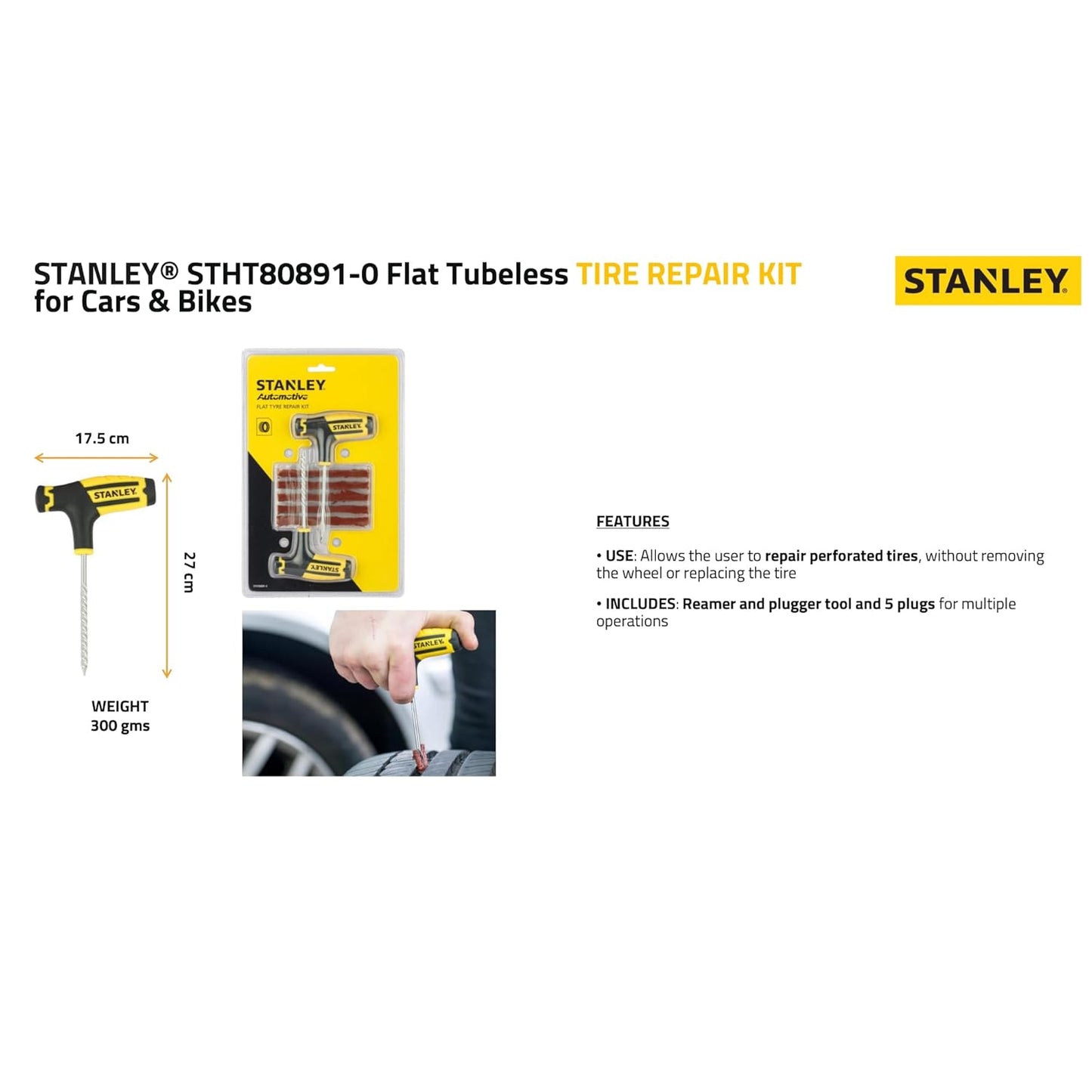 STANLEY STHT80891-0 Flat Tubeless Tyre Repair Kit for Cars and Bikes, Easily Fix Punctures WITHOUT Removing Tire from Rim, Comes with Reamer & Plugger Tool and 5 Plugs, Yellow and Black