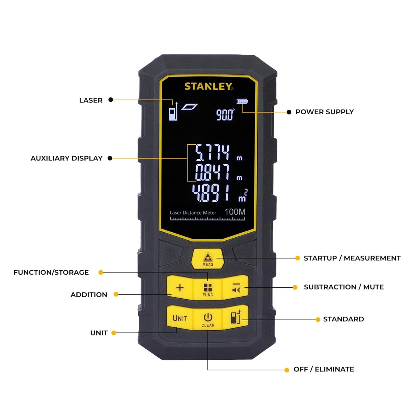 STANLEY STHT77803-A Professional Black Laser Distance Meter - 100 M, ±2.0mm Accuracy, Comes with 3 * 1.5V AAA Batteries, IP40 Dust & Water-Splash Rating, Ideal for Area & Volume Measurement