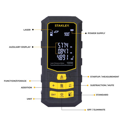 STANLEY STHT77803-A Professional Black Laser Distance Meter - 100 M, ±2.0mm Accuracy, Comes with 3 * 1.5V AAA Batteries, IP40 Dust & Water-Splash Rating, Ideal for Area & Volume Measurement