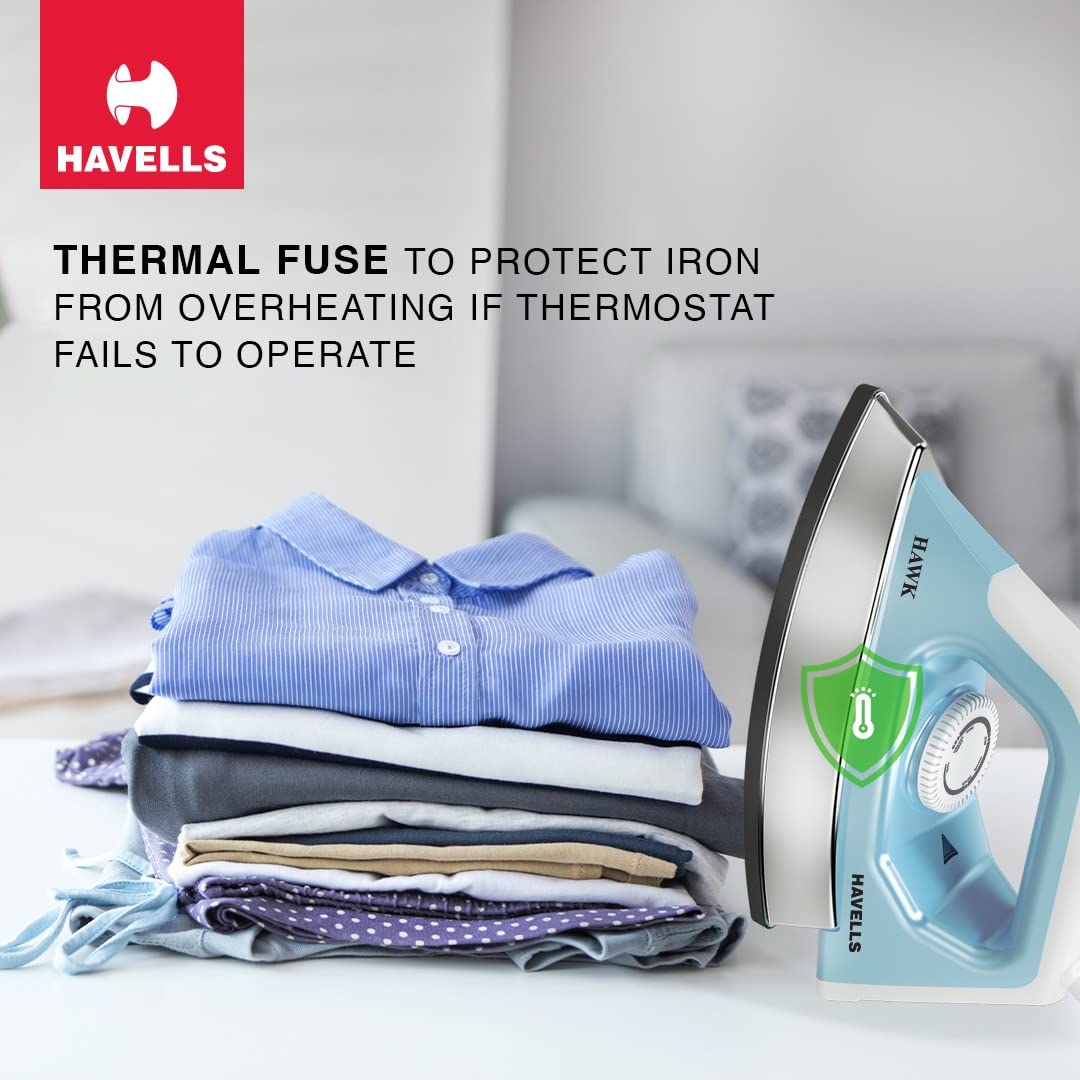 Havells Hawk 1100 watt Heavy Weight Dry Iron With American Heritage Non Stick Sole Plate, Aerodynamic Design, Easy Grip Temperature Knob & 2 years Warranty. (Blue & White)