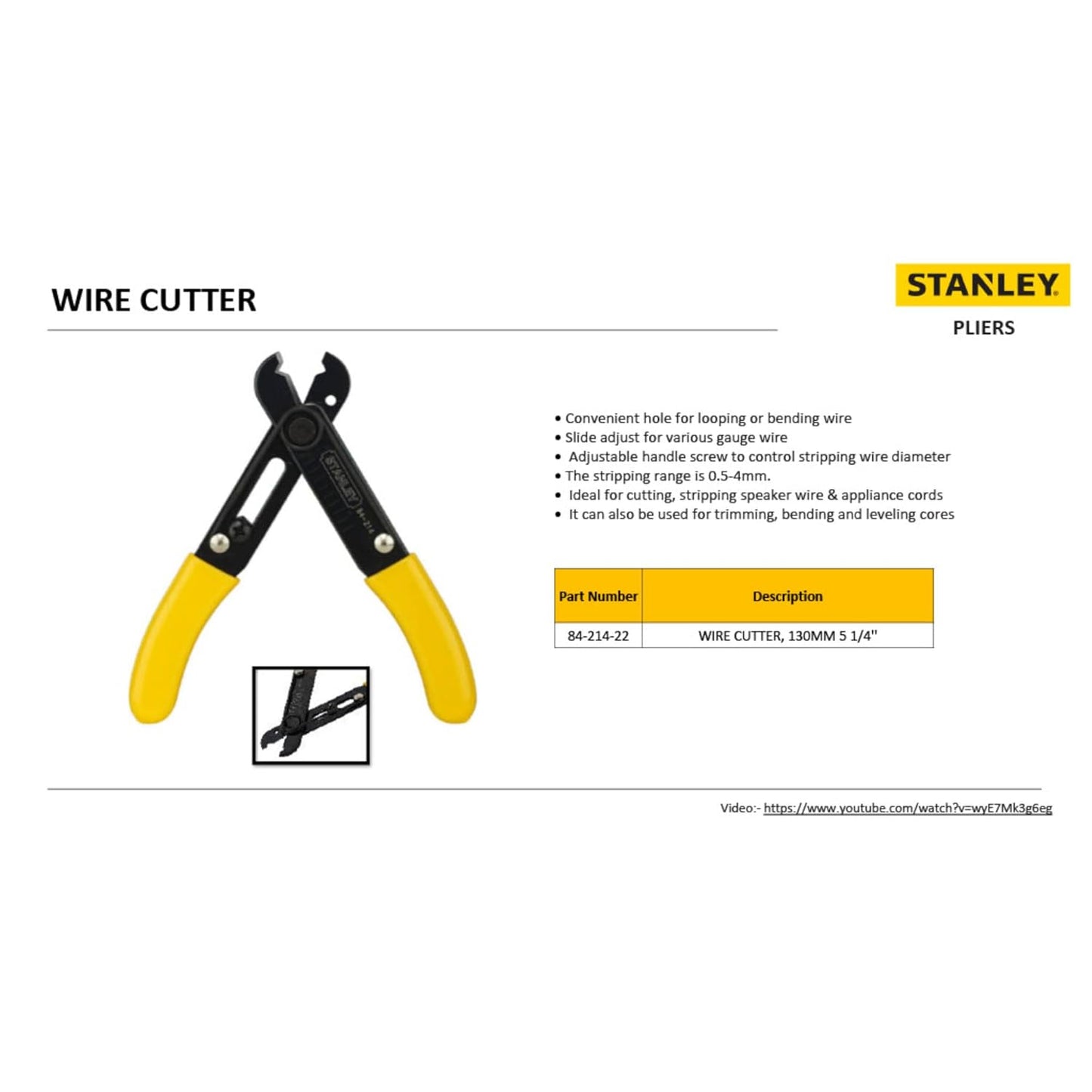 STANLEY 84-214-22 5.25'' 130 mm Wire Stripper Ideal for Cutting, Stripping Speaker Wires & Appliance Cords for Home, DIY & Professional Use, YELLOW & BLACK