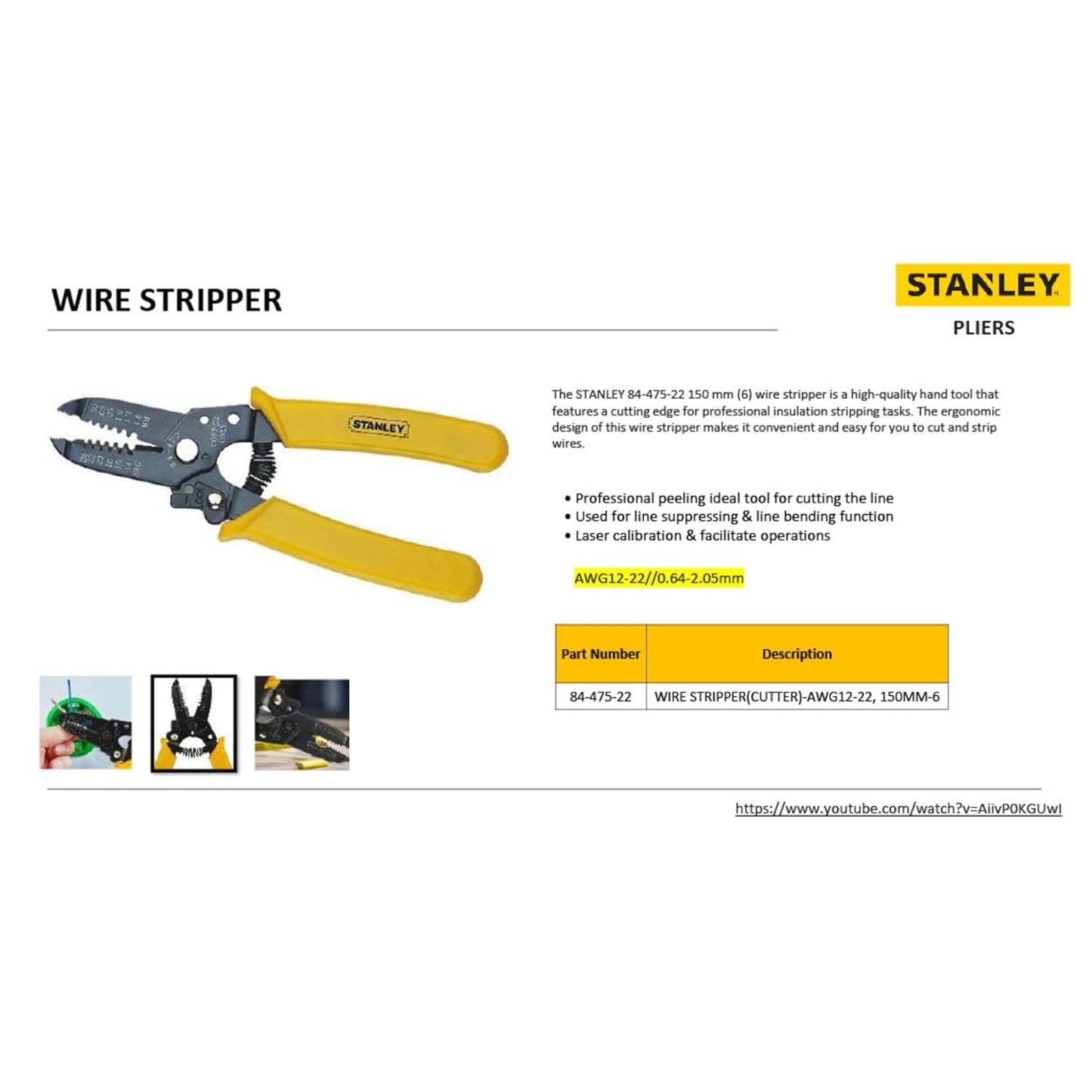 STANLEY 84-475-22 6" 150 mm Wire Stripper Ideal for Cutting, Stripping Speaker Wires & Appliance Cords for Home, DIY & Professional Use, YELLOW & BLACK